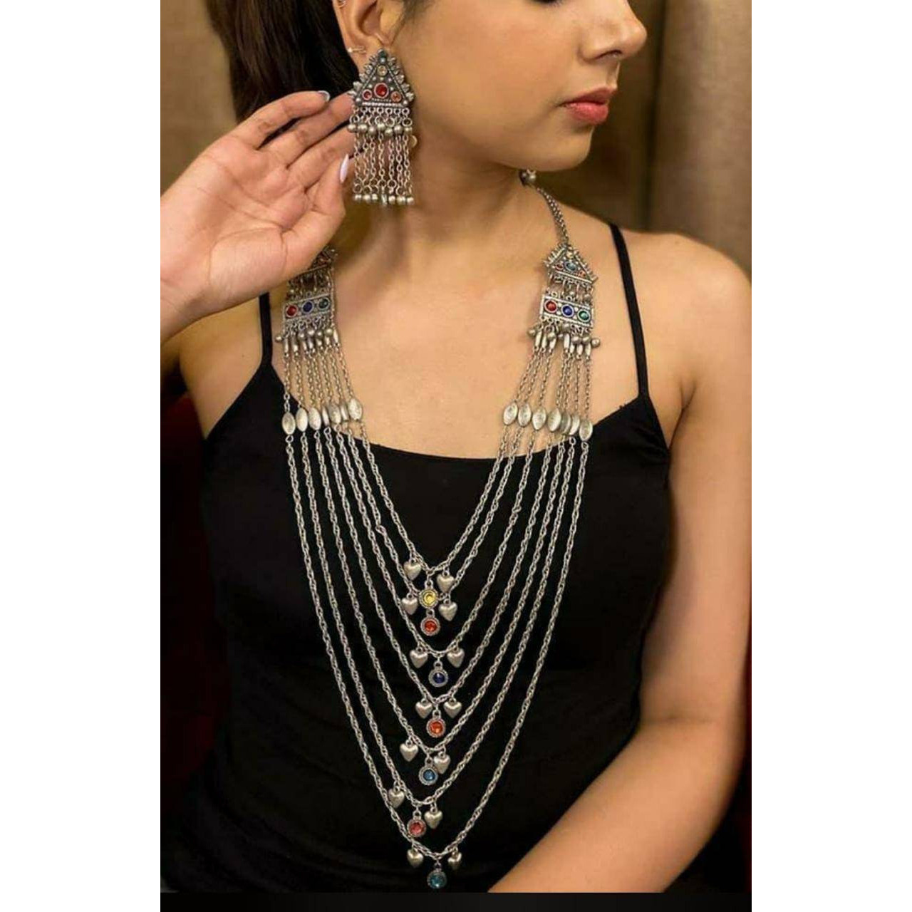 Multi strand jewellery set, multilayer necklace set, Boho jewellery, gifts for her, gypsy jewellery, silver oxidised set, handmade, hotselli