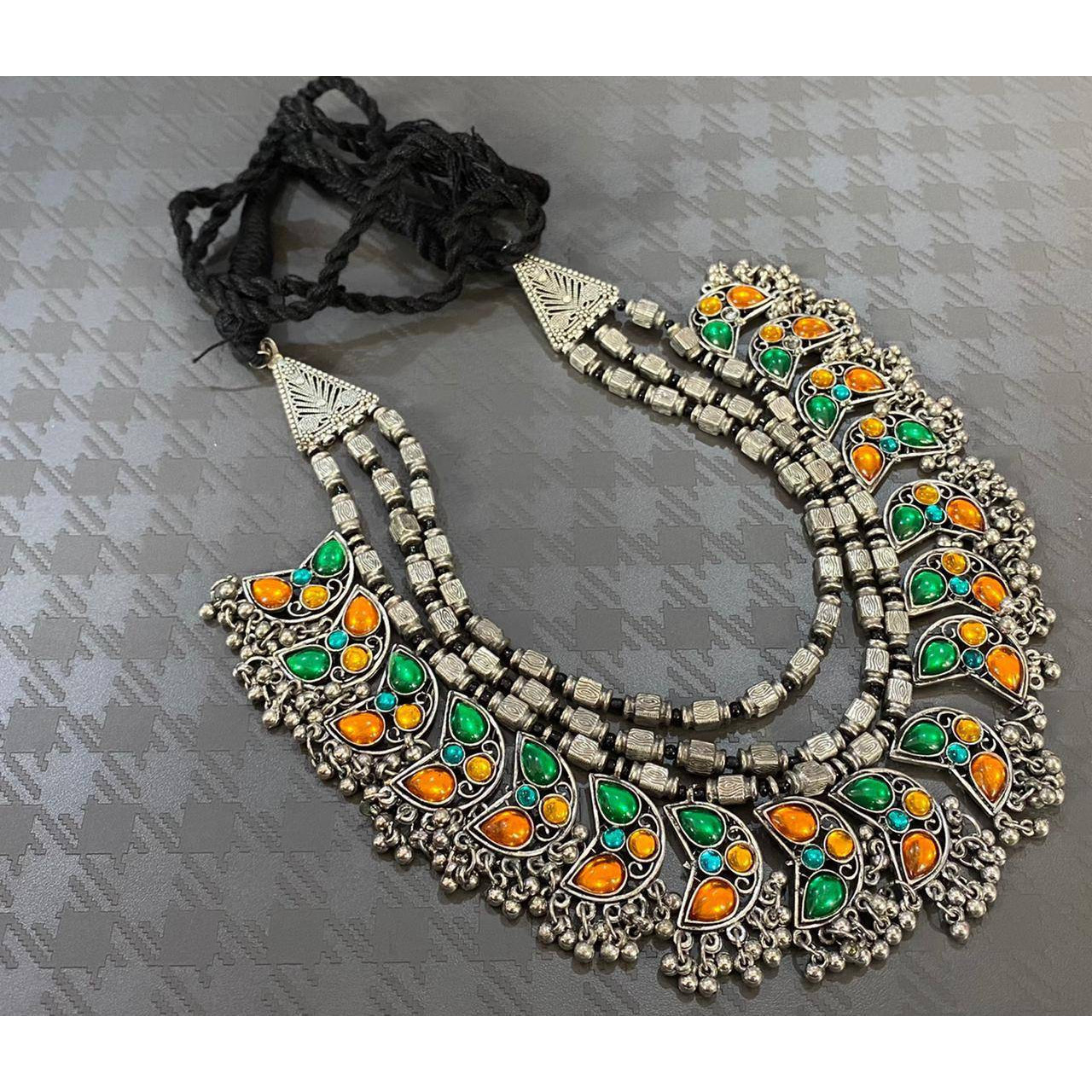 Multilayer necklace, stone jewellery, silver oxidised necklace, jewelry set, German silver set, Indian oxidized set, handmade stone jewelry