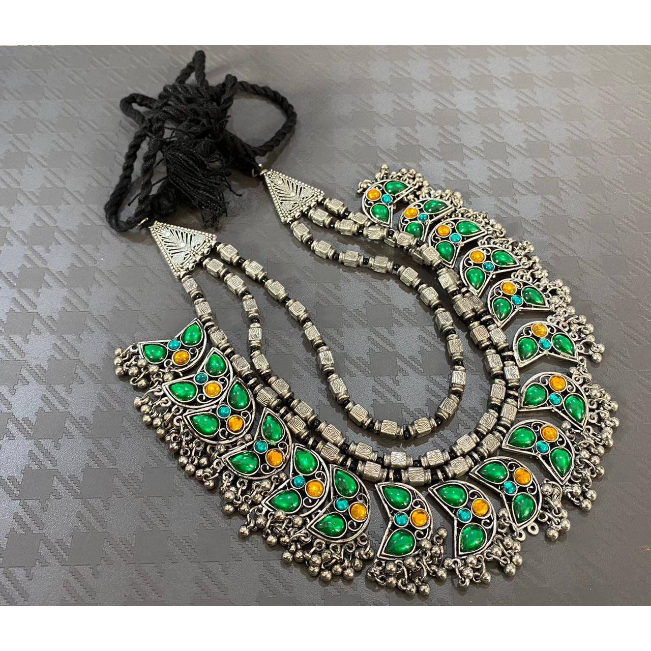 Multilayer necklace, stone jewellery, silver oxidised necklace, jewelry set, German silver set, Indian oxidized set, handmade stone jewelry