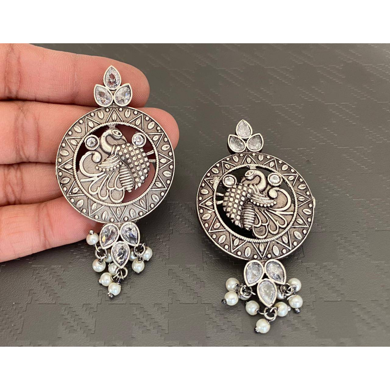Stone earrings, Indian oxidised earrings, long earrings, giftsfor her, antique silver earrings, tribal jewellery, temple jewellery, green