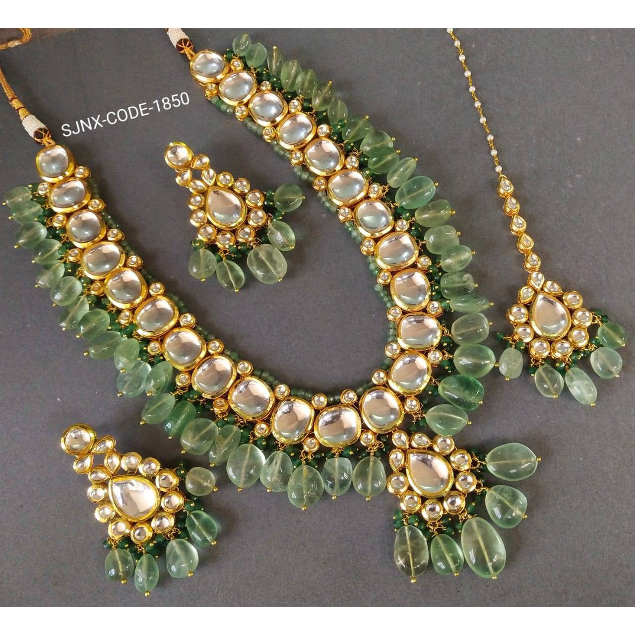 Jadau Kundan Indian Wedding Jewelry Set, Mint Green Necklace, Jadau Jaipuri Jewelry, Semi Precious Set, Bridal Meenakari Jewelry, Choker Set