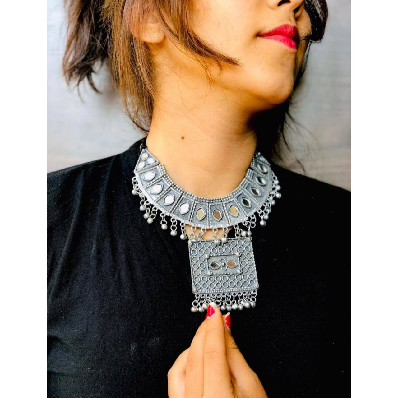 Mirror choker bib necklace, indian oxidised necklace, antique jewellery, boho tribal jewellery, silver black necklace, hippie jewellery