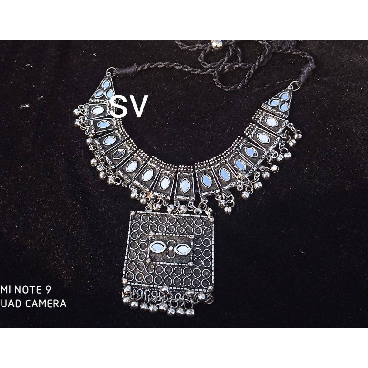 Mirror choker bib necklace, indian oxidised necklace, antique jewellery, boho tribal jewellery, silver black necklace, hippie jewellery