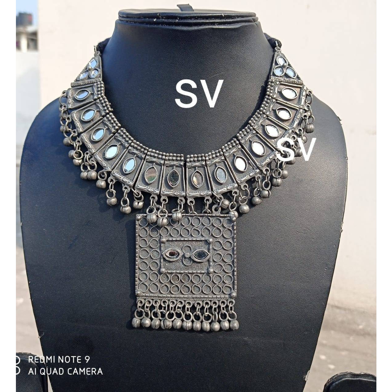 Mirror choker bib necklace, indian oxidised necklace, antique jewellery, boho tribal jewellery, silver black necklace, hippie jewellery