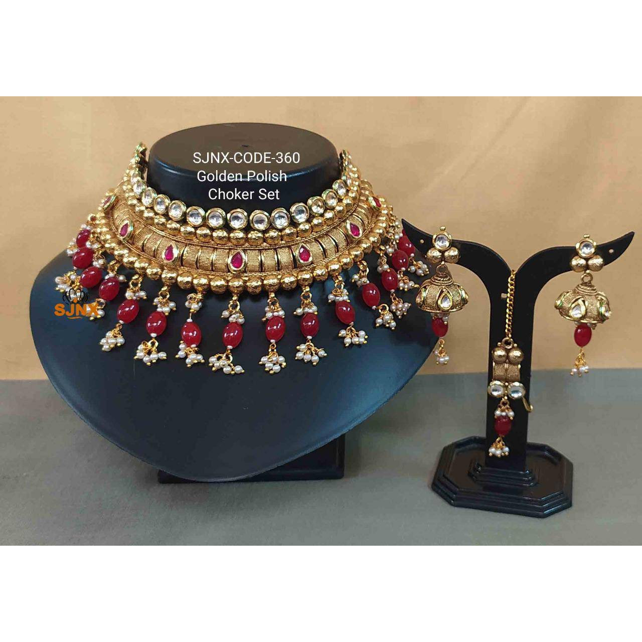 Bridal Kundan Jewelry, Indian Jewelry, Jaipuri Set, Jadau Kundan Set, Semi Precious Jewelry, Gold Polished Choker Necklace, Pearl Necklace