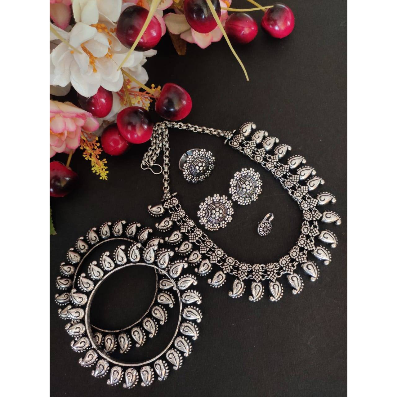 Oxidised Kolhapuri set, Mango design Indian oxidized Handmade jewelry set of 6, Antique silver jewelry, Boho Tribal Temple jewelry, Ethnic