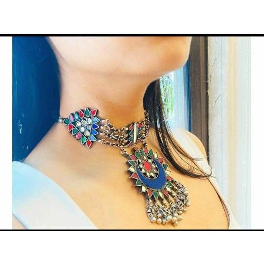 Beautiful Original Afghani Glass Work And Thread work, Statement Choker Set,Gypsy Style Choker, Boho Jewelry, Trendy Choker Set, Banjara Set