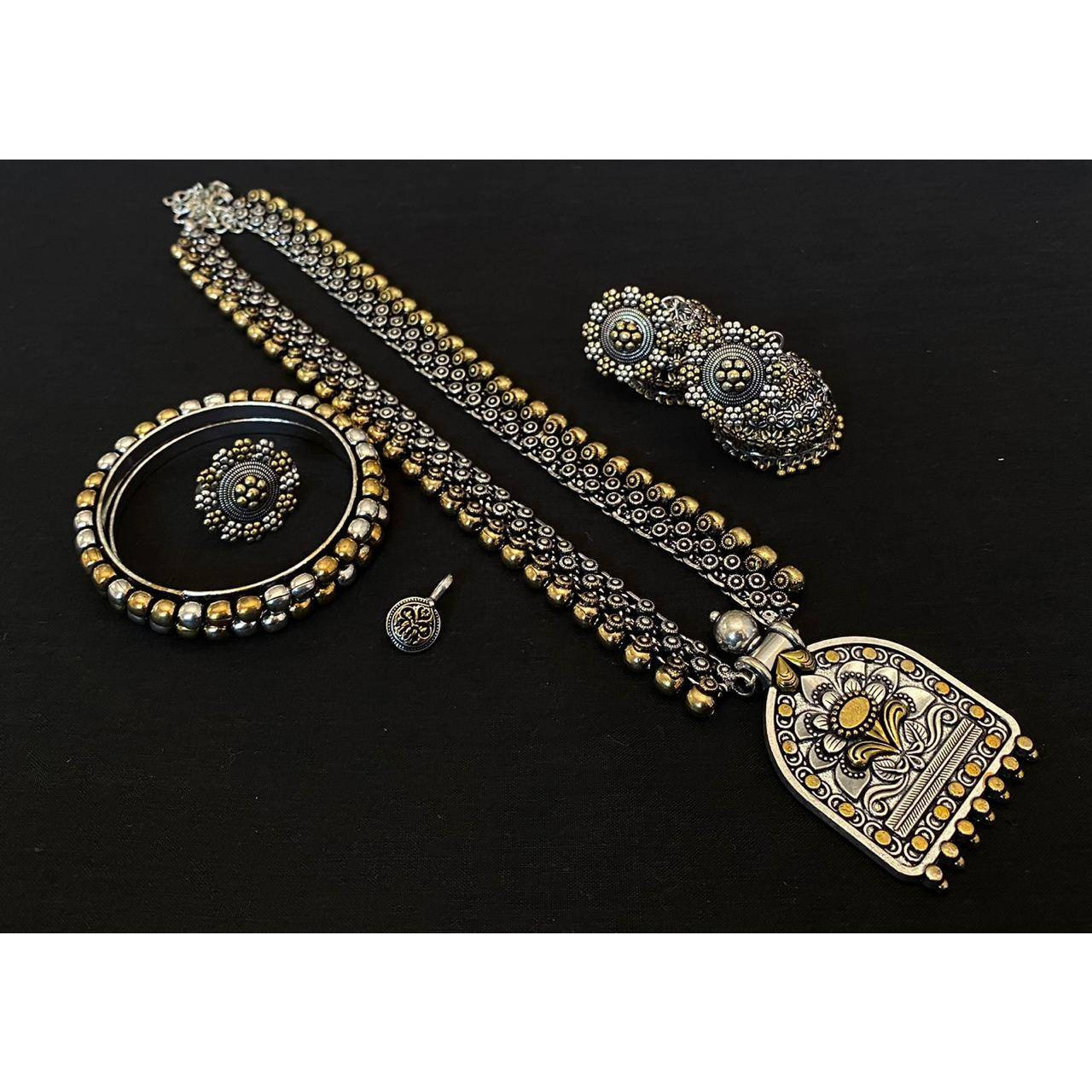 Dual Tone Indian Oxidized Set of 5, Boho Tribal Exclusive Handmade Oxidized Dual Tone Set With Jhumki | Kemp Jewelry