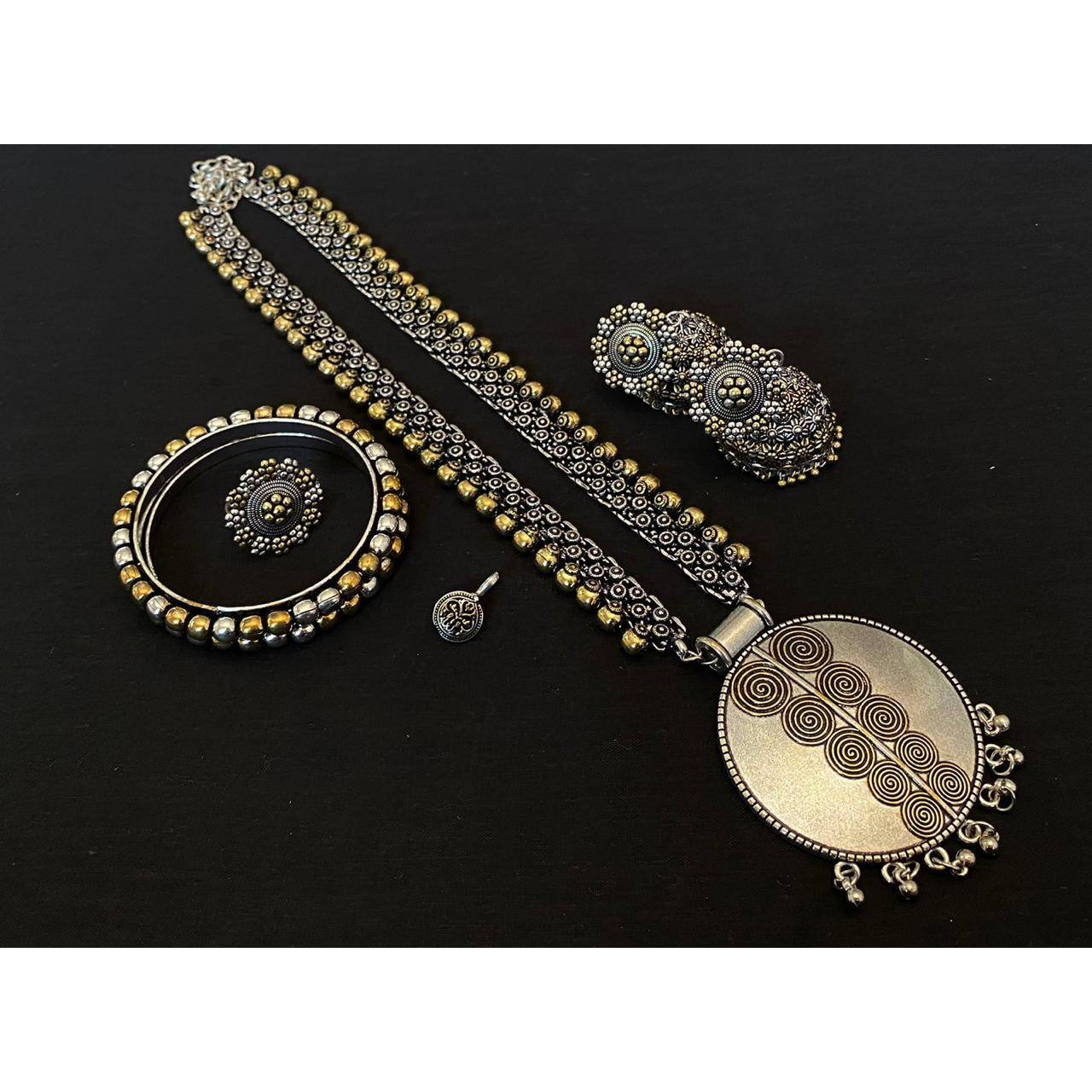 Dual Tone Indian Oxidized Set of 5, Boho Tribal Exclusive Handmade Oxidized Dual Tone Set With Jhumki | Kemp Jewelry