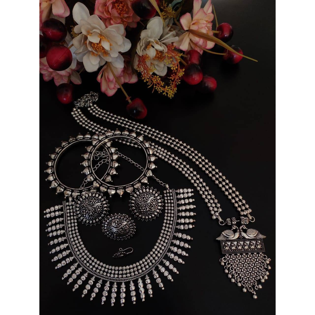Indian Jewellery set, Oxidized jewellery set, German silver, Ethnic Kolhapuri jewellery, tribal jewellery set of 6, long short necklace set