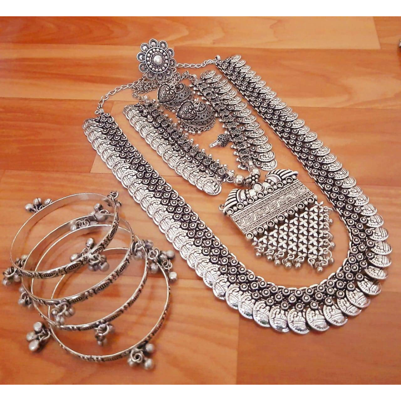 Indian Oxidised jewellery, silver oxidised set of 6, German silver jewelry set, tribal boho necklace, gifts for her, long necklace set, hand