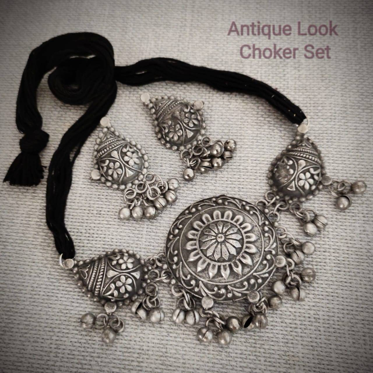 Choker set with ghungroo, Indian ethnic oxidised choker set, black polish choker set, handmade jewelry, gypsy tribal jewelry set, silver bla