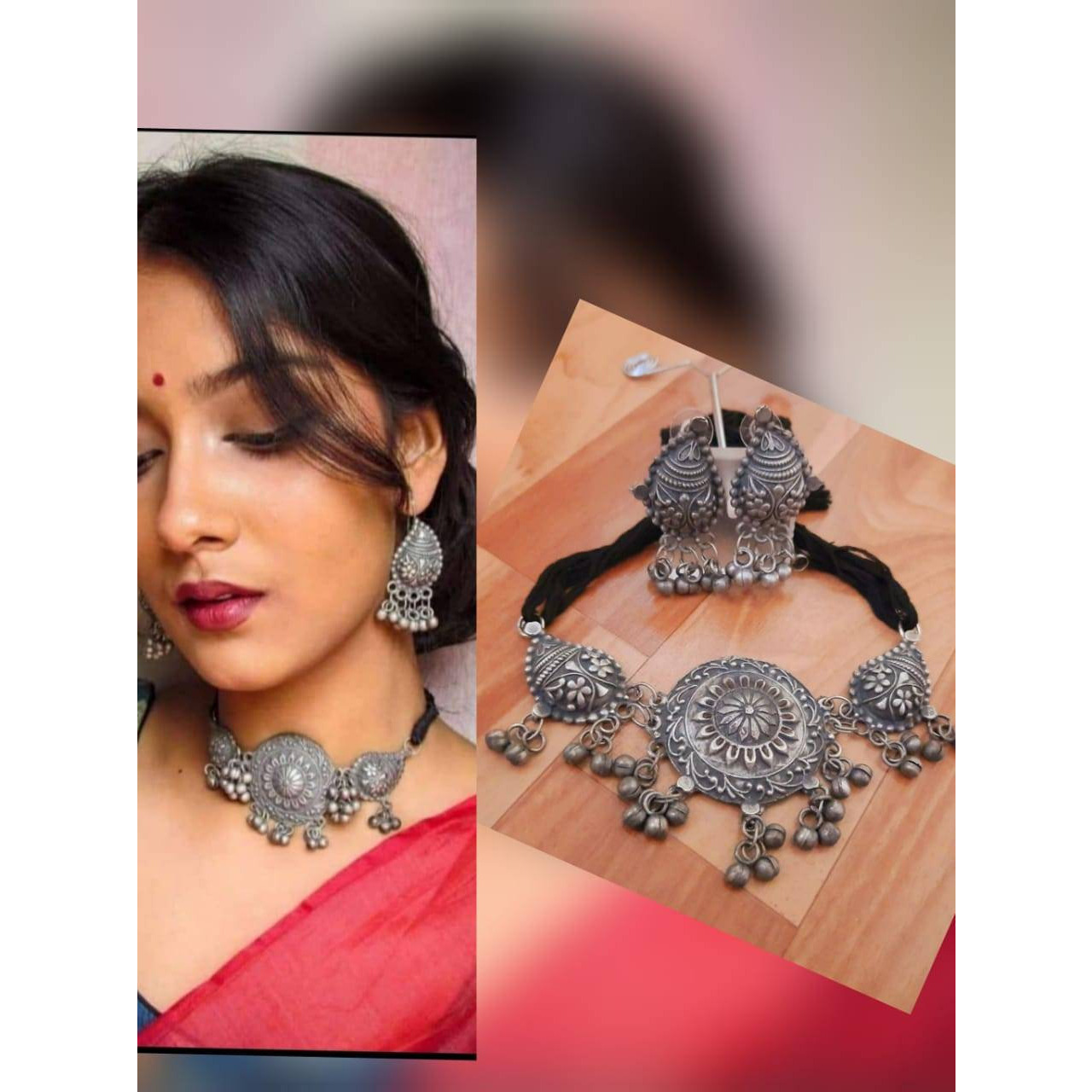 Choker set with ghungroo, Indian ethnic oxidised choker set, black polish choker set, handmade jewelry, gypsy tribal jewelry set, silver bla