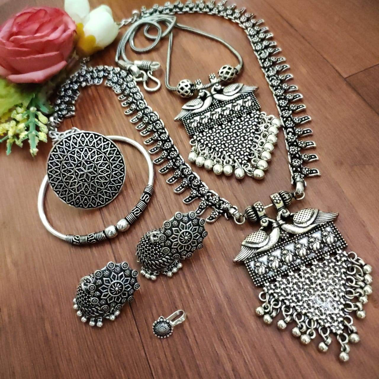 Long Oxidised necklace set of 6 with jhumki/ Indian statement necklace tribal jewelry oxidised handmade Bollywood celebrity oxidized