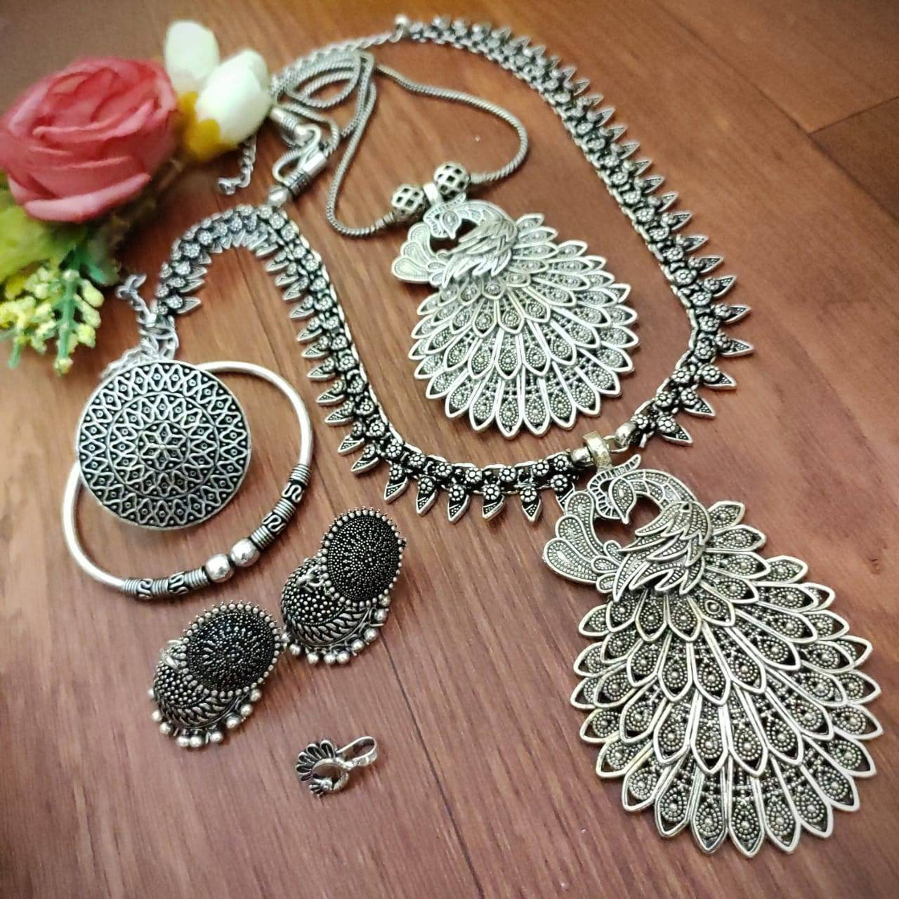 Long Oxidised necklace set of 6 with jhumki/ Indian statement necklace tribal jewelry oxidised handmade Bollywood celebrity oxidized