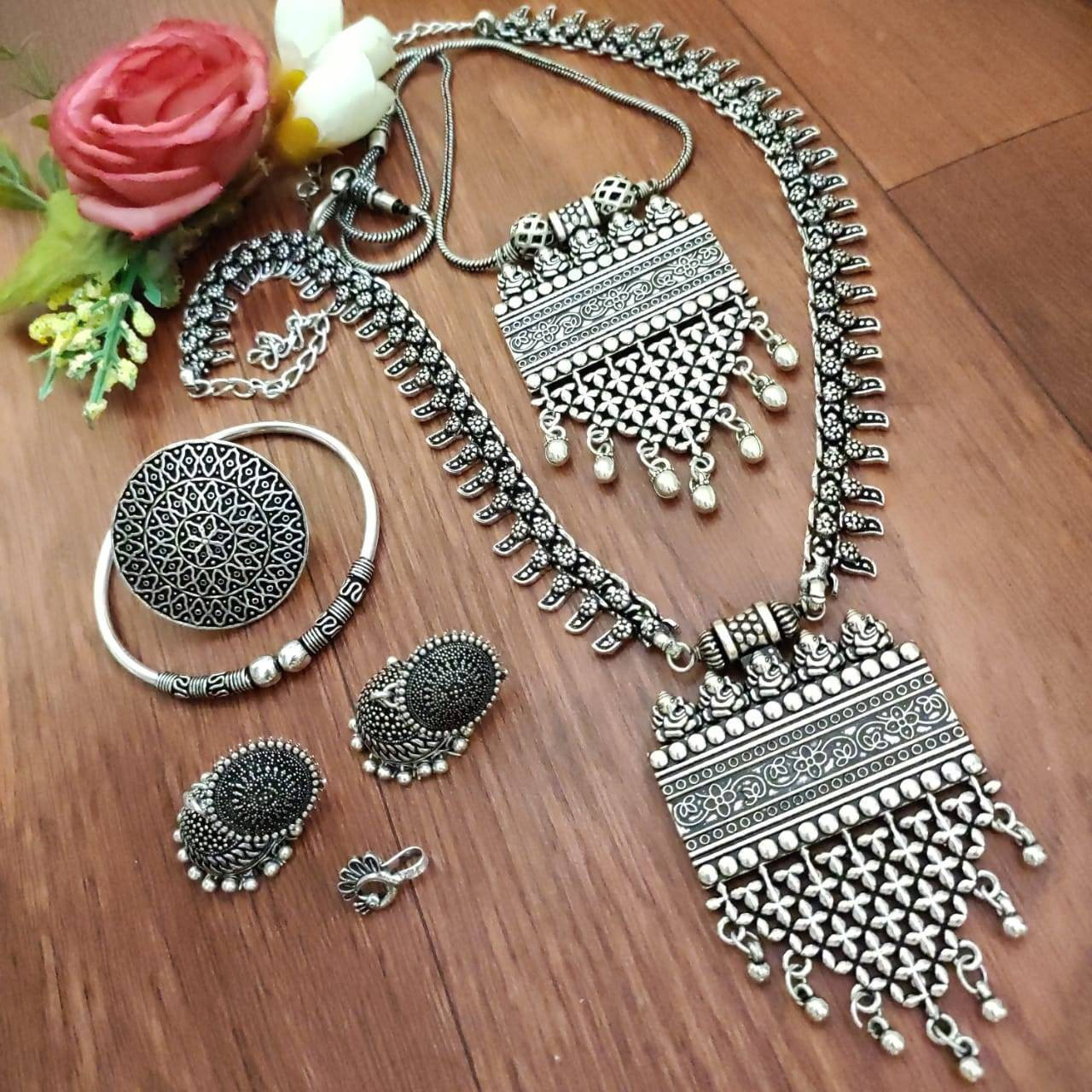 Long Oxidised necklace set of 6 with jhumki/ Indian statement necklace tribal jewelry oxidised handmade Bollywood celebrity oxidized