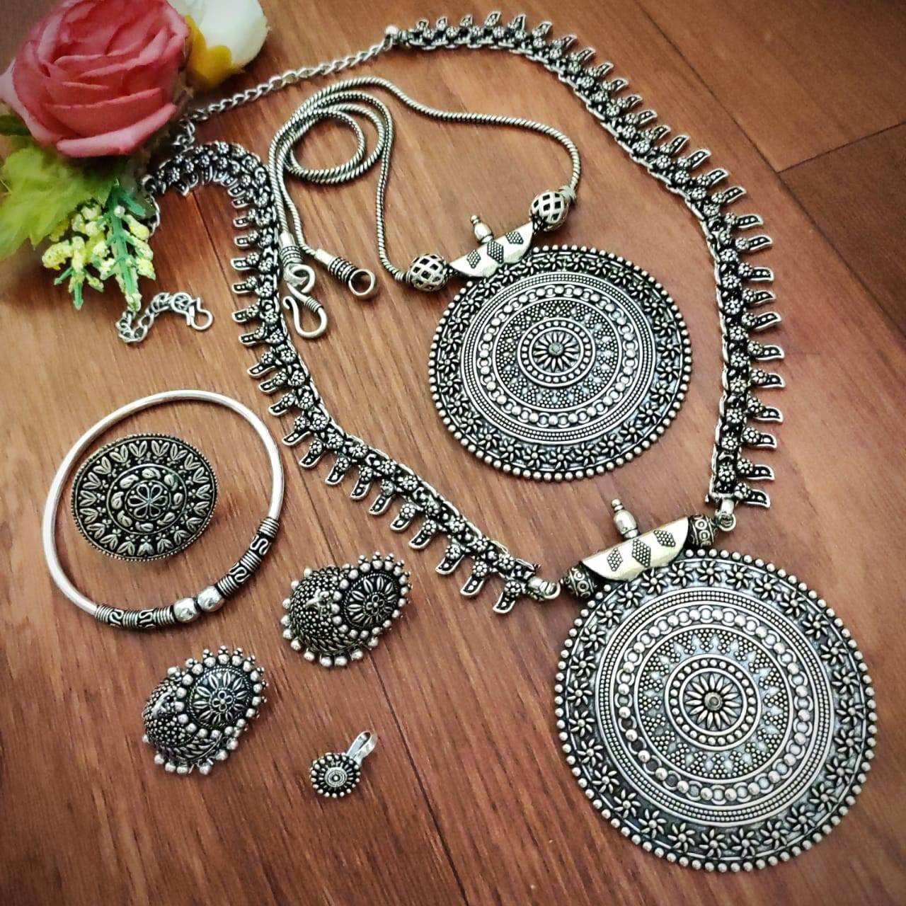 Long Oxidised necklace set of 6 with jhumki/ Indian statement necklace tribal jewelry oxidised handmade Bollywood celebrity oxidized