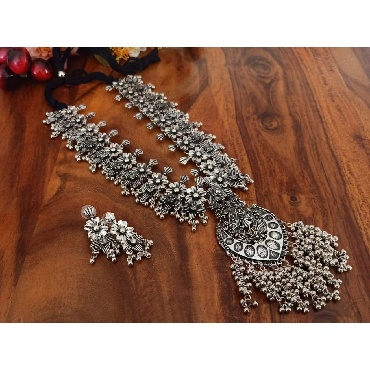 Oxidised Ghungaroo dual tone long necklace set, Indian ethnic oxidised dual tone set, Temple jewelry, antique, German silver Handmade set