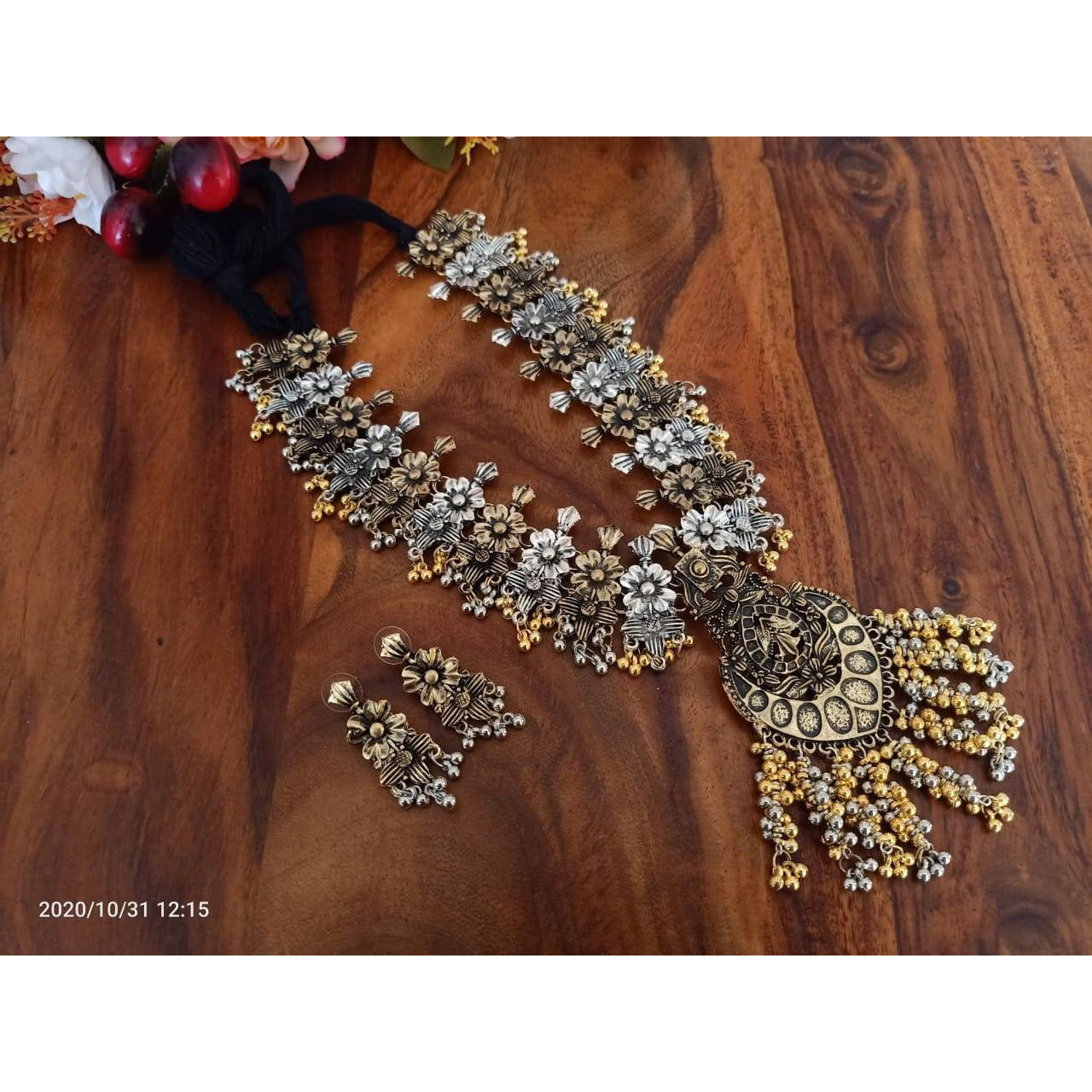 Oxidised Ghungaroo dual tone long necklace set, Indian ethnic oxidised dual tone set, Temple jewelry, antique, German silver Handmade set