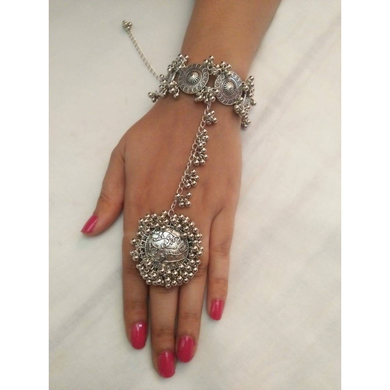 Hand harness, Haath Phool, Bracelet With Adjustable Ring | Indian Ethnic Oxidized Haath Phool | Boho Jewelry | Bracelet With Ring |