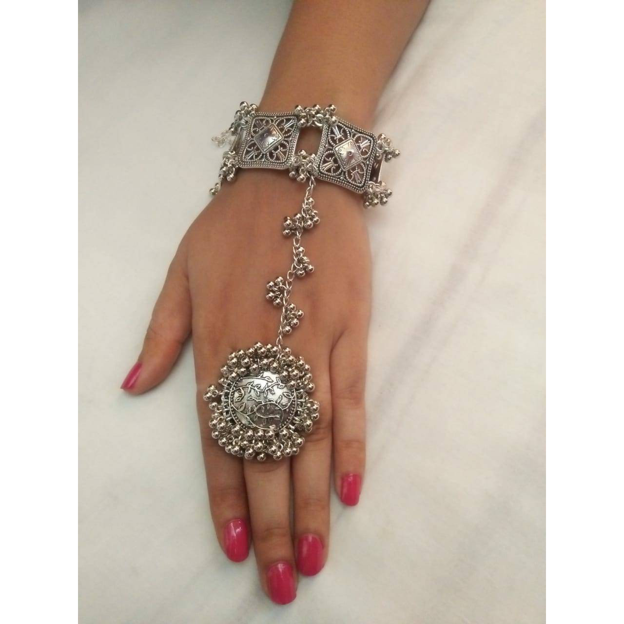 Hand harness, Haath Phool, Bracelet With Adjustable Ring | Indian Ethnic Oxidized Haath Phool | Boho Jewelry | Bracelet With Ring |