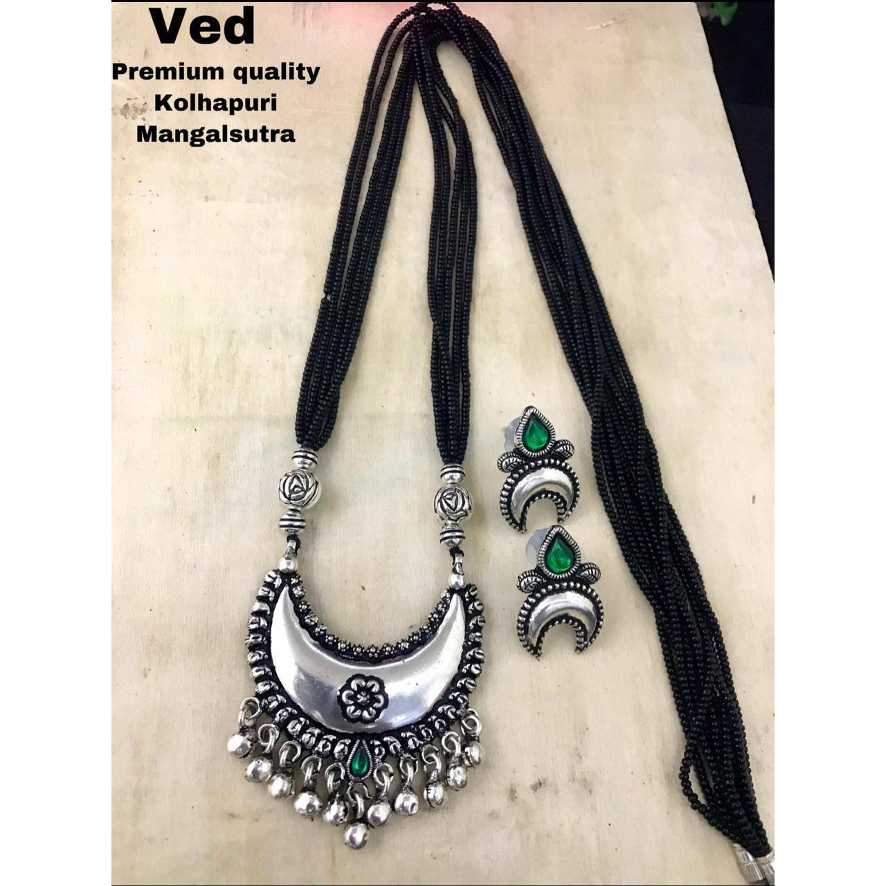 Stylish Black Long Beaded Chain With Oxidized Pendant and Earring