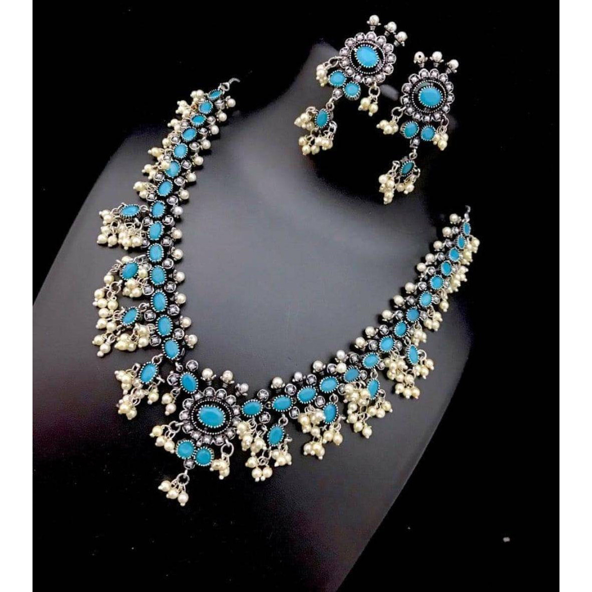 Boho jewelry, Stone and Pearl oxidized set, kolhapuri Indian stone studded oxidized set with earrings, Ethnic oxidised handmade jewelry set,