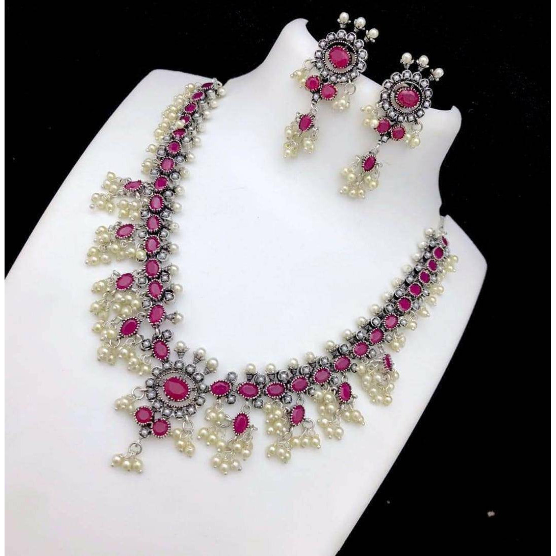 Boho jewelry, Stone and Pearl oxidized set, kolhapuri Indian stone studded oxidized set with earrings, Ethnic oxidised handmade jewelry set,