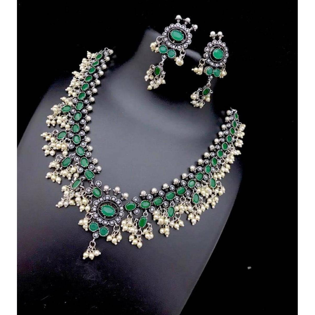 Boho jewelry, Stone and Pearl oxidized set, kolhapuri Indian stone studded oxidized set with earrings, Ethnic oxidised handmade jewelry set,