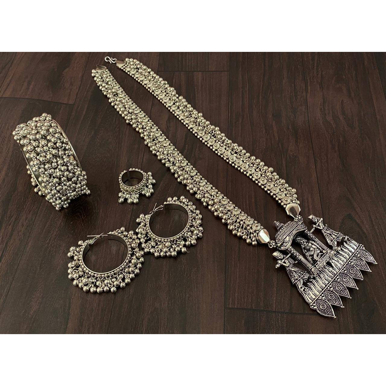Indian Ghungroo german silver jewellery set, oxidised set of 5, long necklace set, gifts for her, Bollywood jewellery, Bohol hippie jewelry