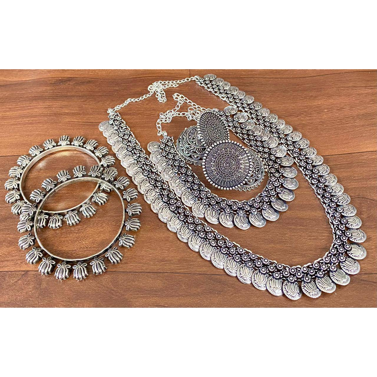 Indian Ghungroo german silver jewellery set, oxidised set of 5, long necklace set, gifts for her, Bollywood jewellery, Bohol hippie jewelry