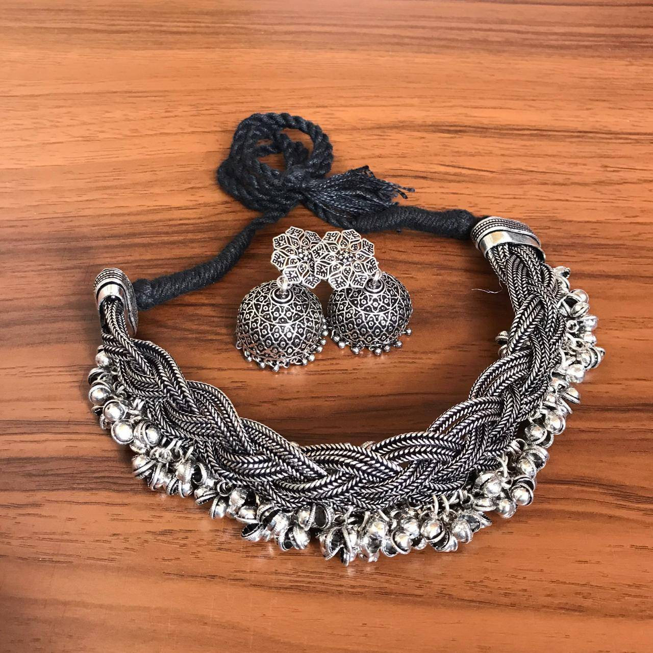 Indian choker set, antique oxidised choker, German silver choker set with jhumka, temple jewelry, Bollywood jewelry, handmade, boho tribal