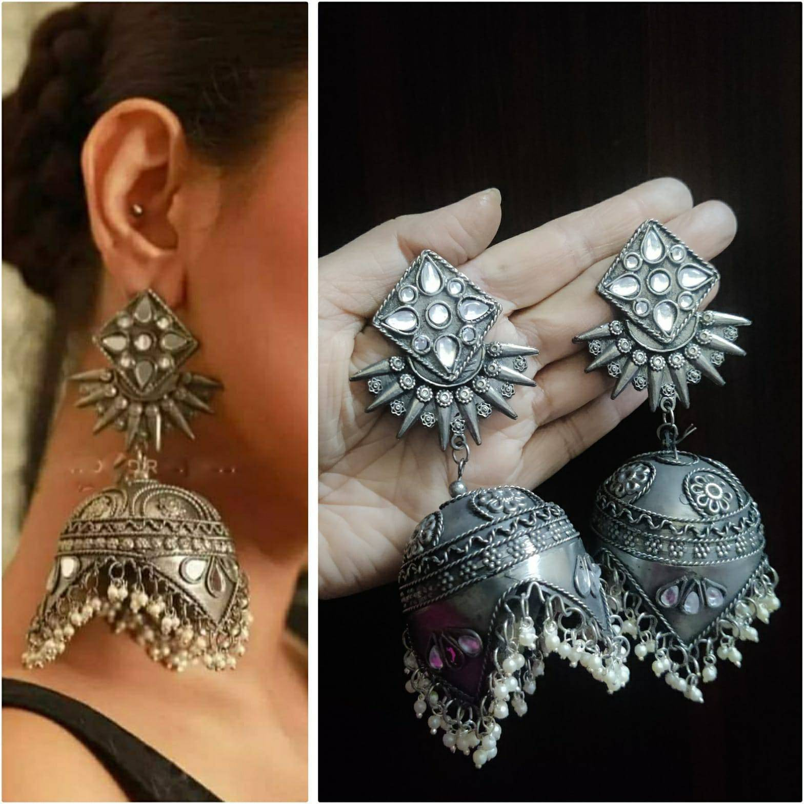 This beautiful set of 6 has a big long Haram necklace with a choker silver necklace, pair of jhumka earrings, a ring,pair of bangles, and a nose pin.Grab this beautiful set with any of the ethnic/ Indo western outfit and look unique in the crowdThe Perfect Gift  Ideal for the Woman who loves products that are Handmade In India and artisinal. All occassion jewelery for through out the year from Valentines Day ,a Special Birthday or an Anniversary gift for your special one. 100% Genuine Quality P