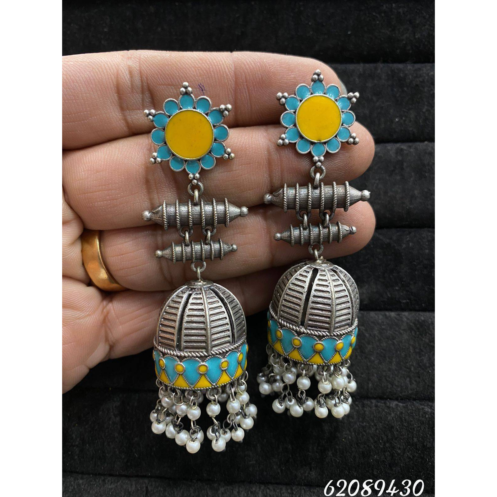 Beautiful Cage Scripted Jhumka Earrings, Oxidised Earrings With Pearls, Long Earrings, Indian Earrings, Bollywood Celebrity EarringsIf you are crazy about oxidized jewellery, and specifically in love with huge oxidized jhumkas then this pair of earrings is a must-have for your collection These birdcage scripted huge earrings will make you the queen of the crowd. This pair can amp up any ethnic outfit on any given day. Wear them in college, office, or an event, you definitely going to turn heads