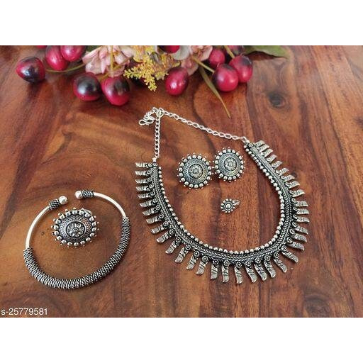 This is a long necklace crafted in German silver dual tone plating that falls impressively on your neck. If you are somebody who loves to wear bold pieces of jewellery every time you step out, this necklace will definitely be your go-to. For we are forever looking for pieces that justify occasion and everyday outfits alike. Intricately crafted with a variety of motifs. Our Antique dual tone necklace set adds the finishing touch to your every occasion wear.