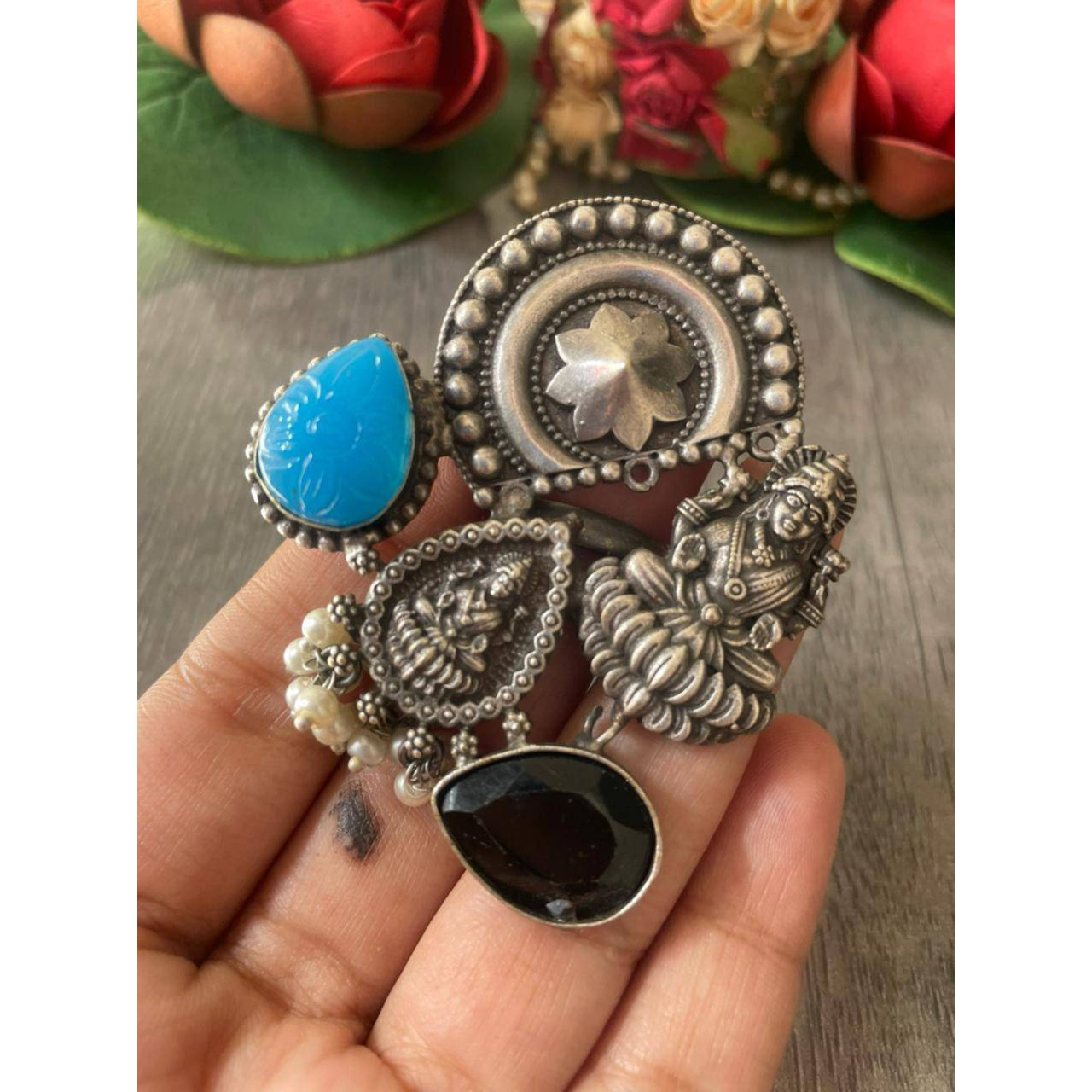 Celebrate your Navratri with this double necklace ful combo set.This beautiful set of 5 has a big long Haram necklace, pair of jhumka earrings, a ring,pair of bangles, and a nose pin.Grab this beautiful set with any of the ethnic/Indo western outfit and look unique in the crowd.Premium quality!!