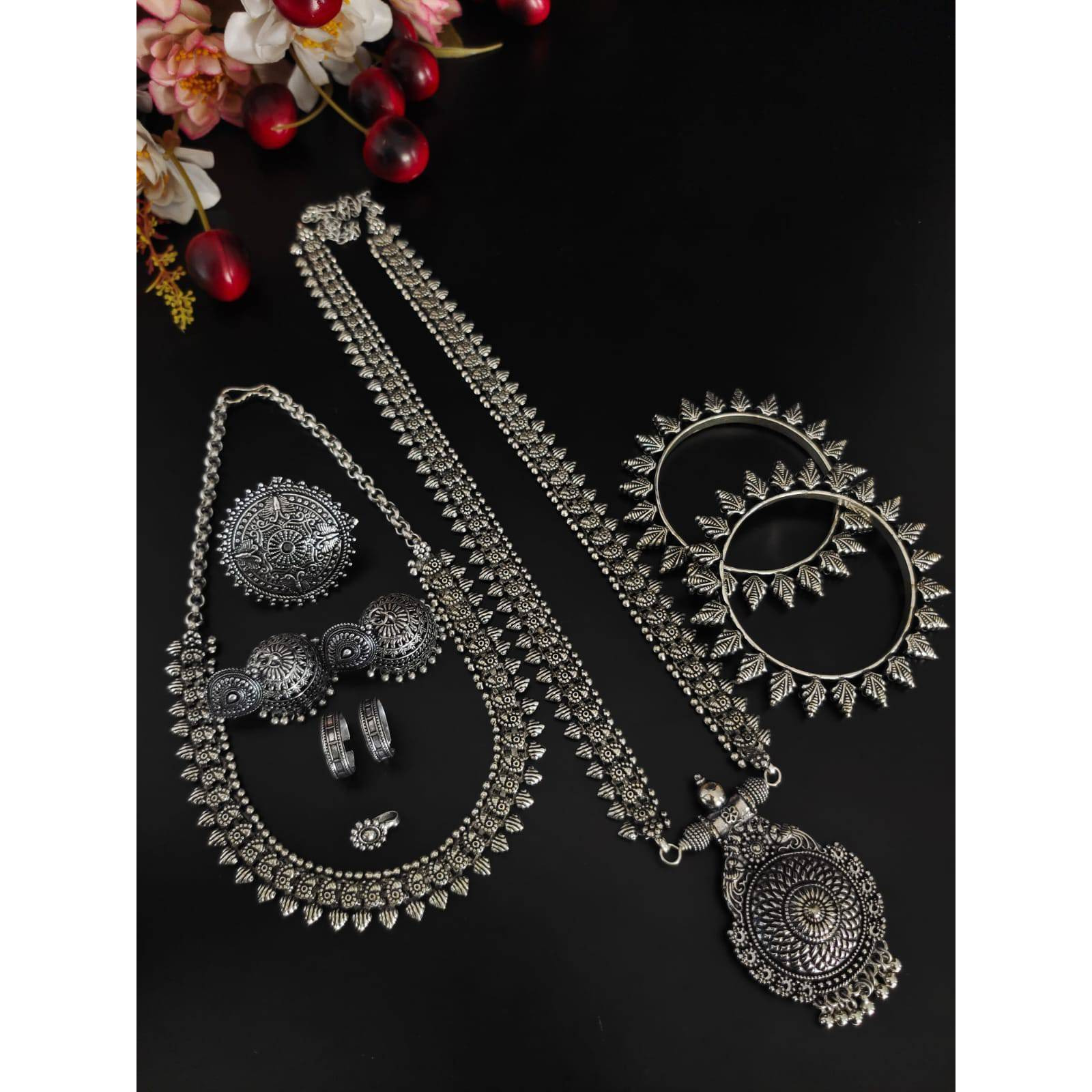 Ethnic Oxidised Silver Choker Set, Antique Oxidized Indian Choker set, Indian Jhumka, Big Jhumki with Choker, Elegant & Trendy NecklaceThis is a perfect example of subtle beauty with a loud personality. With a pinch of modernity with a choker pattern, this ethnic oxidized beauty is a must-have! So, if you are looking to step up your ethnic look by a notch, this set is perfect. This choker set will give you a contrasting yet interesting personality and confidence! So, roll the heads over you with
