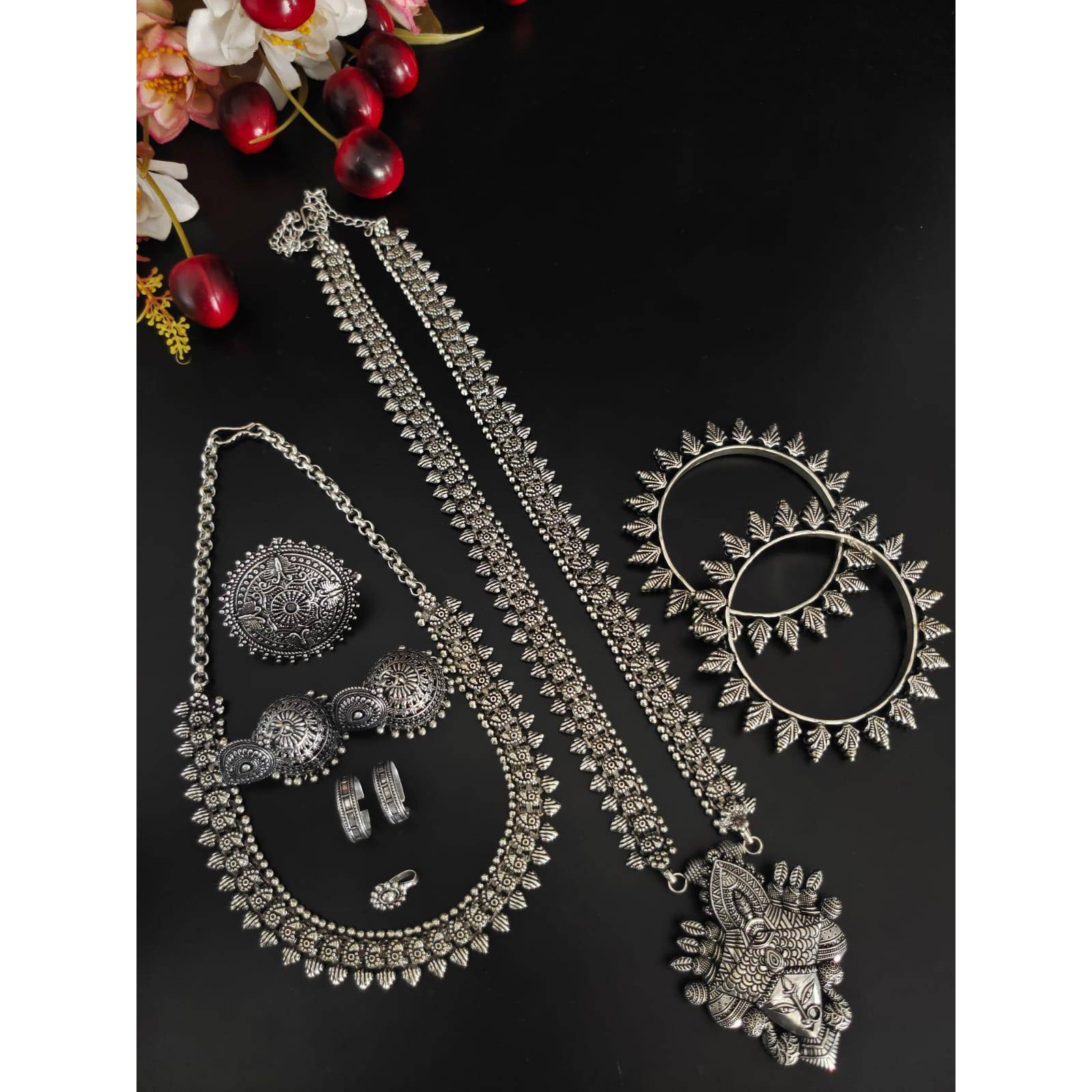 Ethnic Oxidised Silver Choker Set, Antique Oxidized Indian Choker set, Indian Jhumka, Big Jhumki with Choker, Elegant & Trendy NecklaceThis is a perfect example of subtle beauty with a loud personality. With a pinch of modernity with a choker pattern, this ethnic oxidized beauty is a must-have! So, if you are looking to step up your ethnic look by a notch, this set is perfect. This choker set will give you a contrasting yet interesting personality and confidence! So, roll the heads over you with