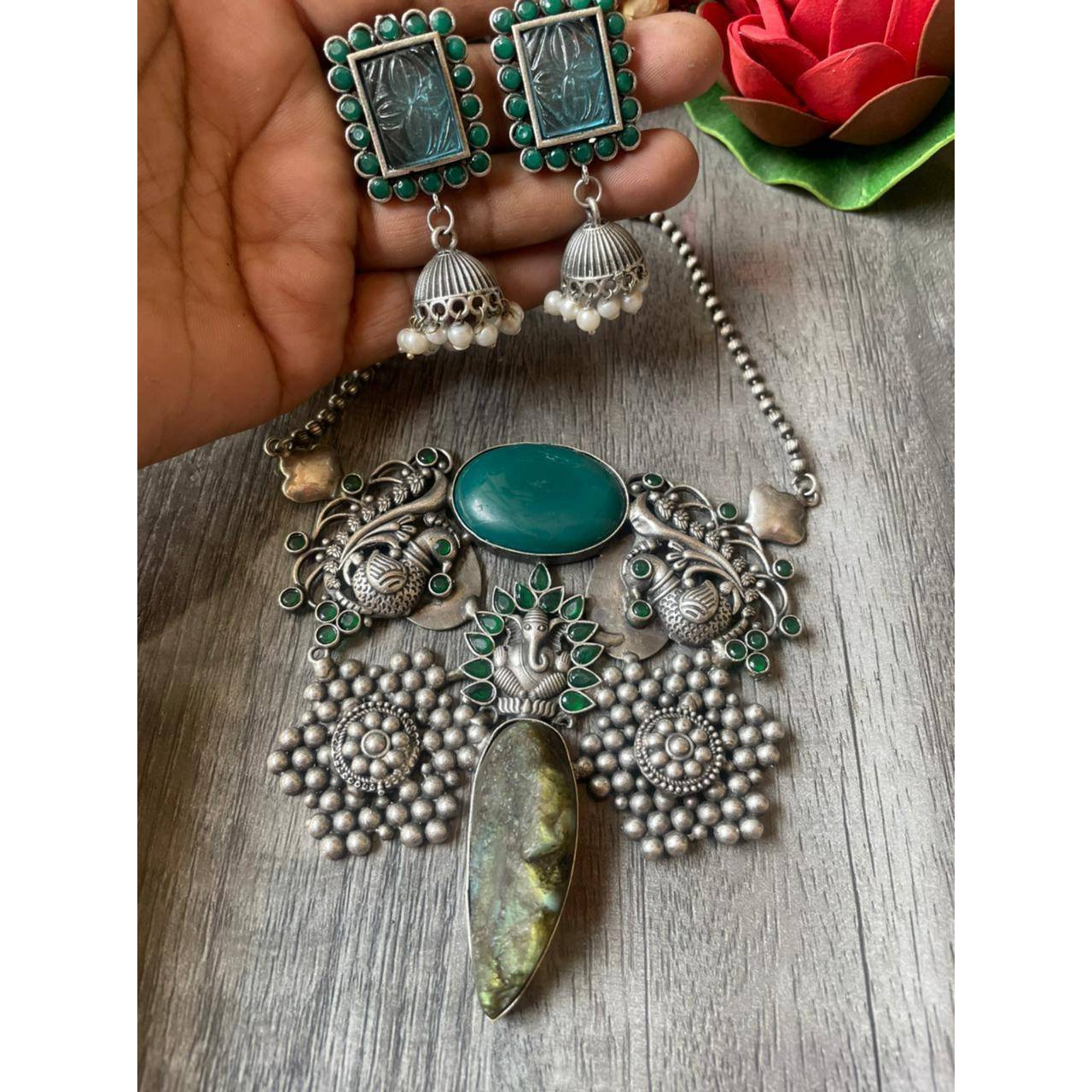 Oxidized German Silver Long Necklace Set of 6 | Indian Ethnic Oxidized Silver Black Temple Jewelry | Kolhapuri Boho Tribal NecklaceAdd stars to your personality with this one in a million beauty. This eye-catchy jewelry set has a charm that will level up your overall look effortlessly. All the ladies who love to keep it minimal yet make a loud style statement this is a perfect piece for you. Nobody will be able to take their eyes off of you with such a pretty necklace on your neck, earrings dan