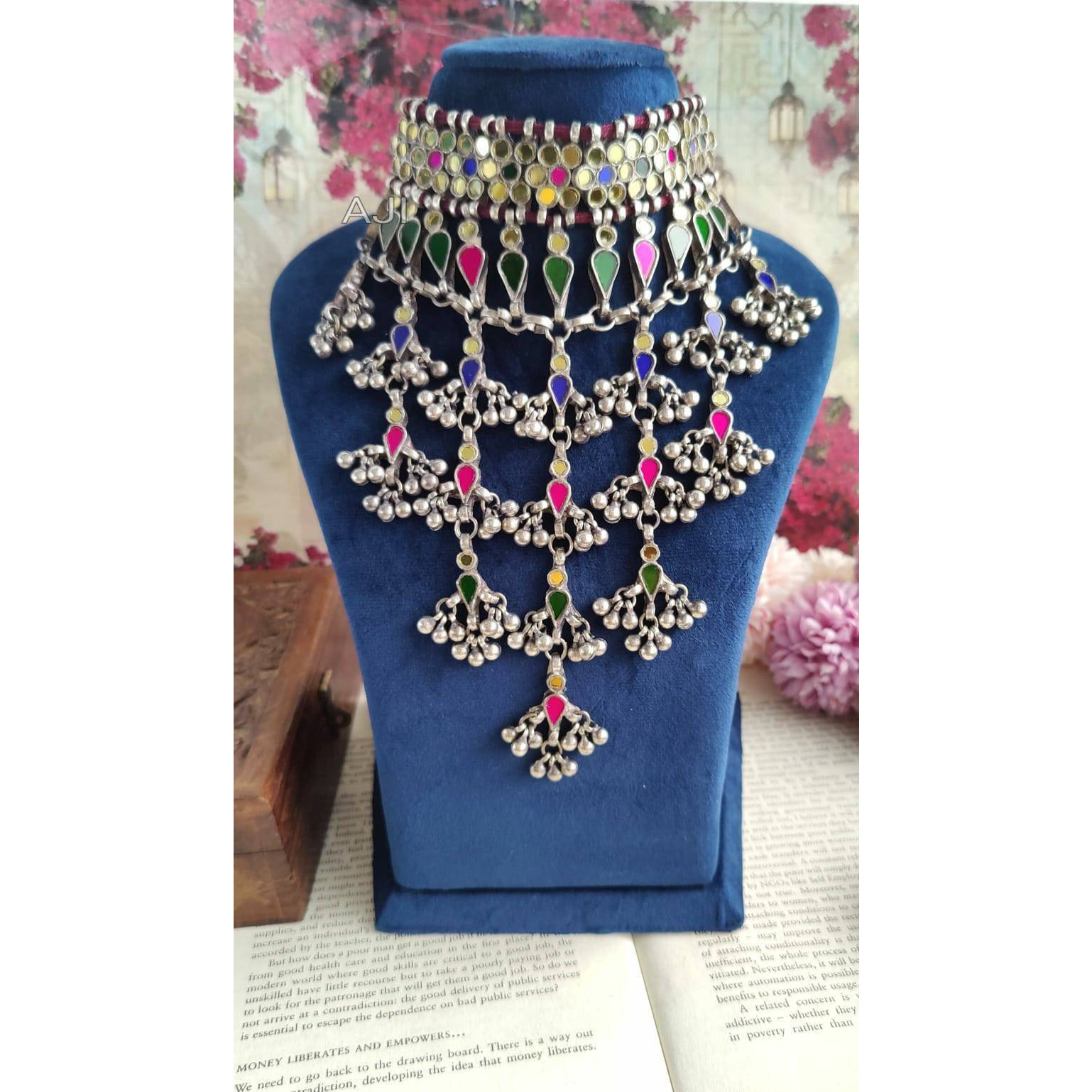 Multilayer multicolour Afghani bib necklace jewelry, bollywood celebrity Indian oxidized jewellery, gifts for her, wedding, anniversary pres