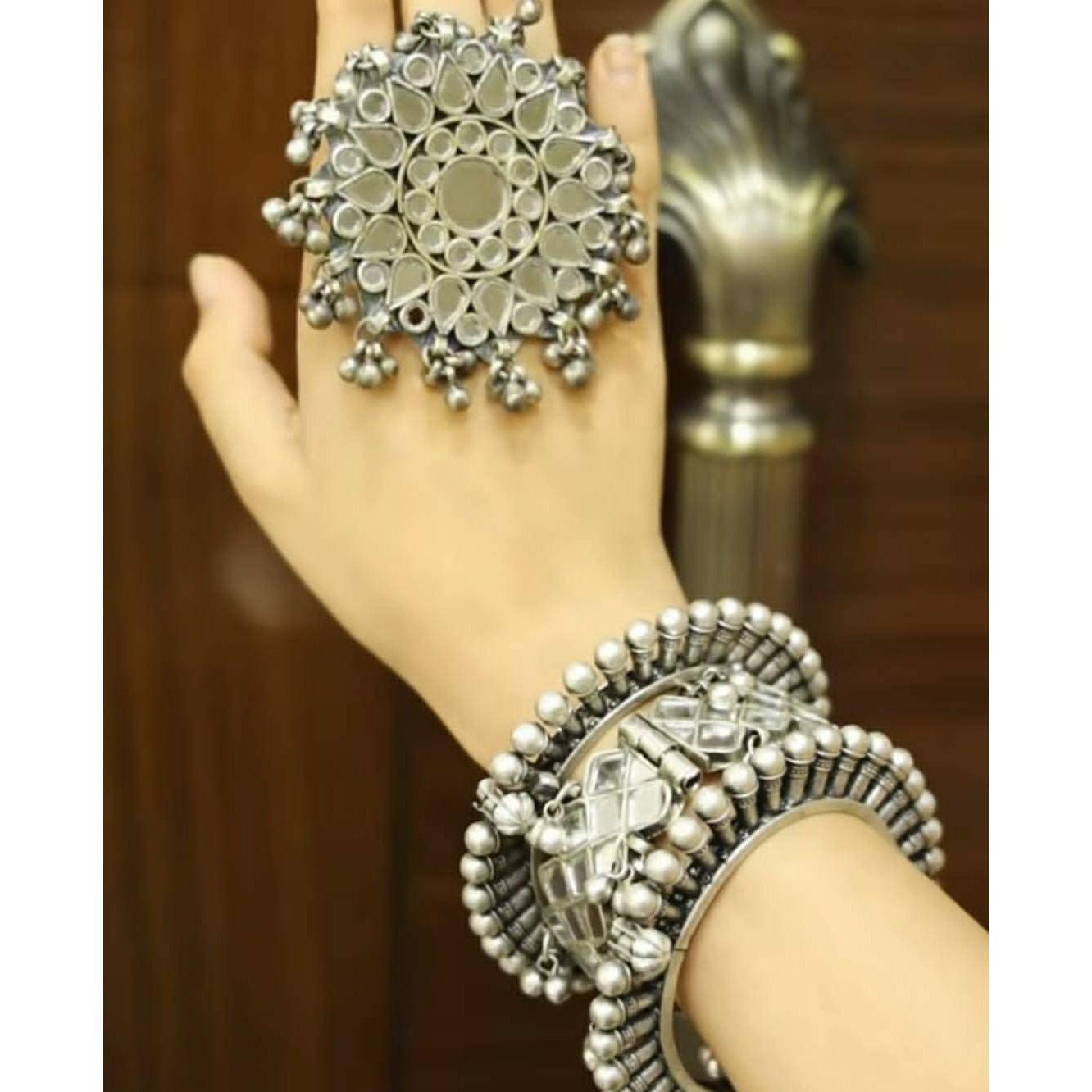Afghani Ring With Mirror Bangle and Spike Kada, Oxidised Jewellery, Boho Jewellery, Hippie Jewelry,Afghani Jewelry, Gifts for Her, Jewelry