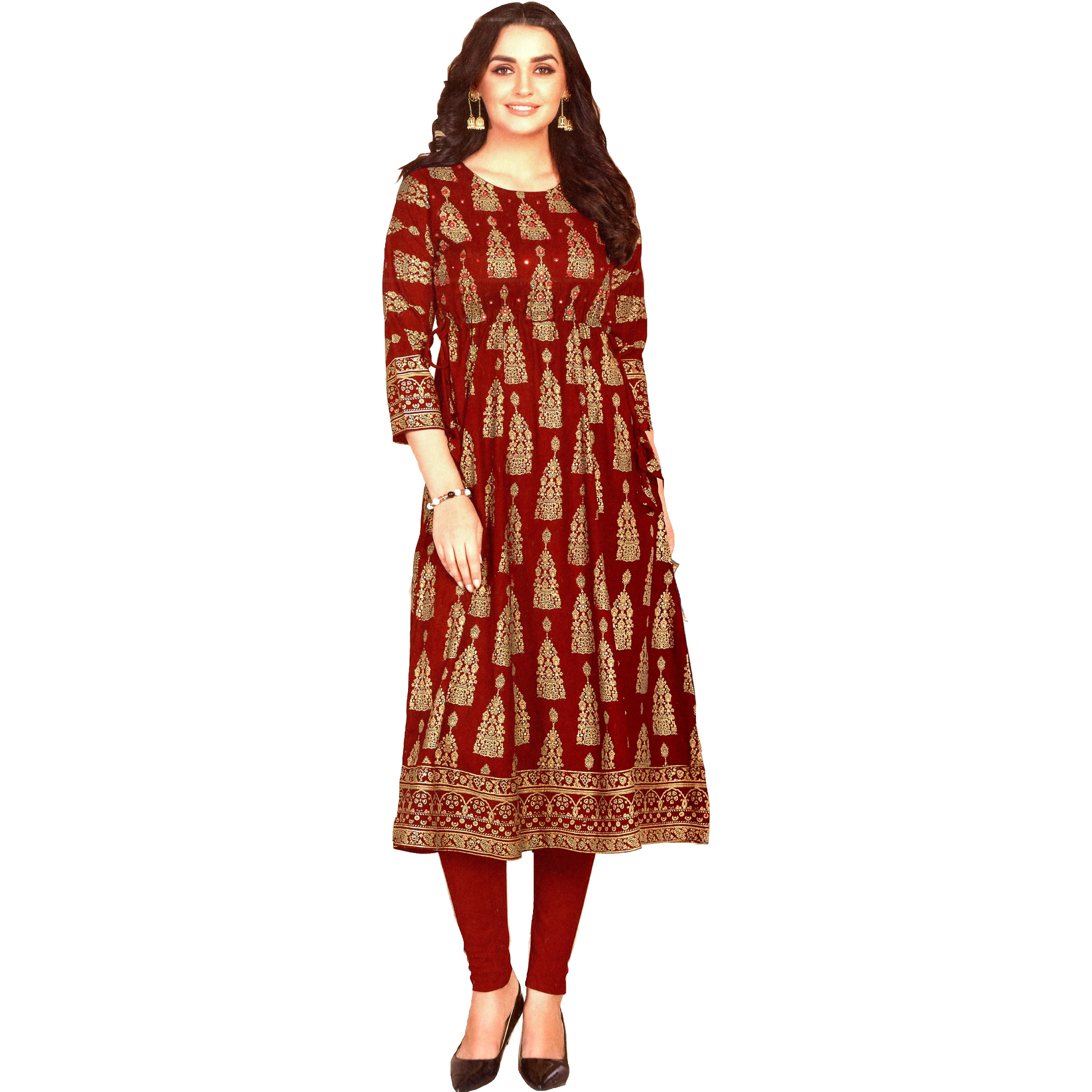 MAHATI Cotton Satin Gold Foil Work Kurti (Size: L)