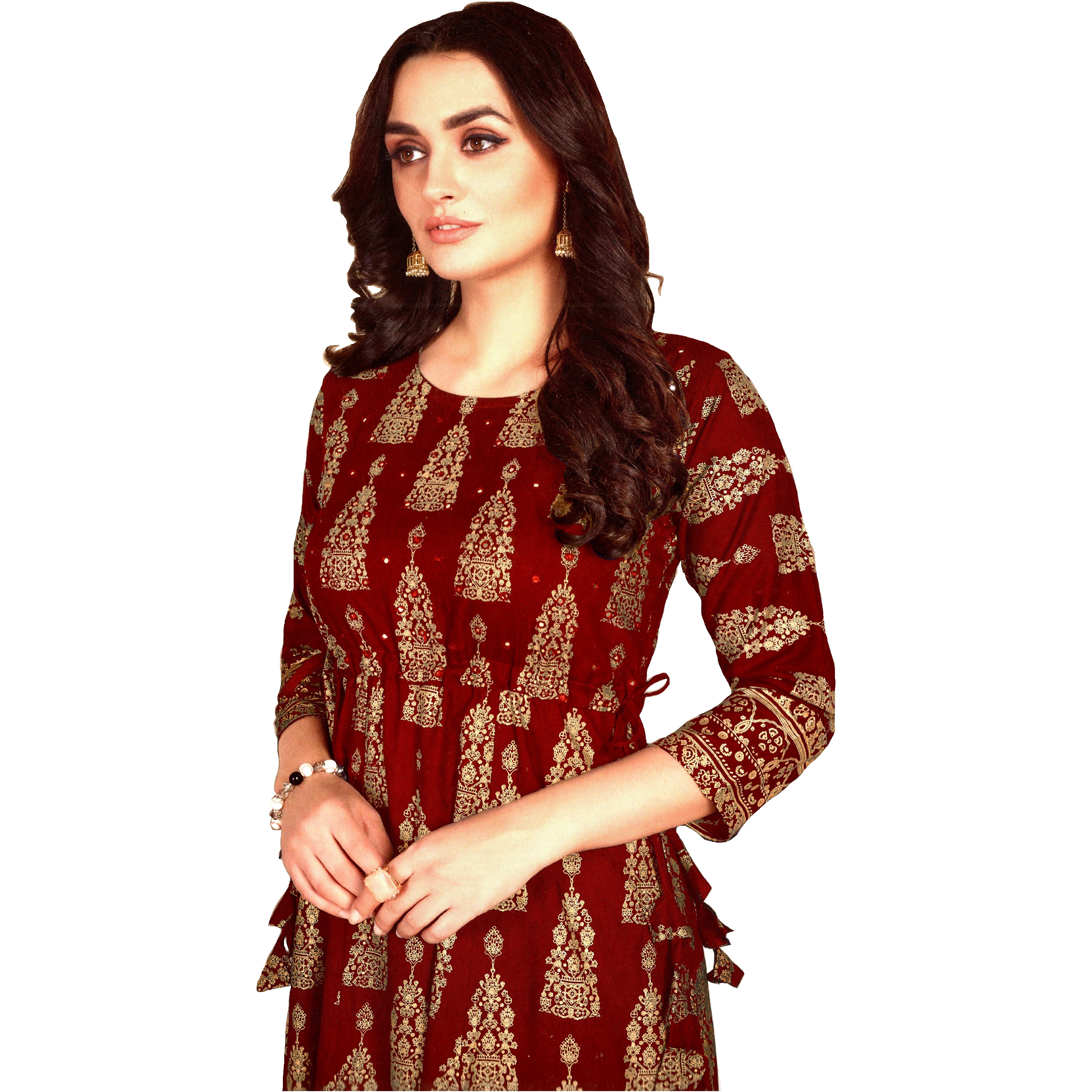 MAHATI Cotton Satin Gold Foil Work Kurti (Size: L)