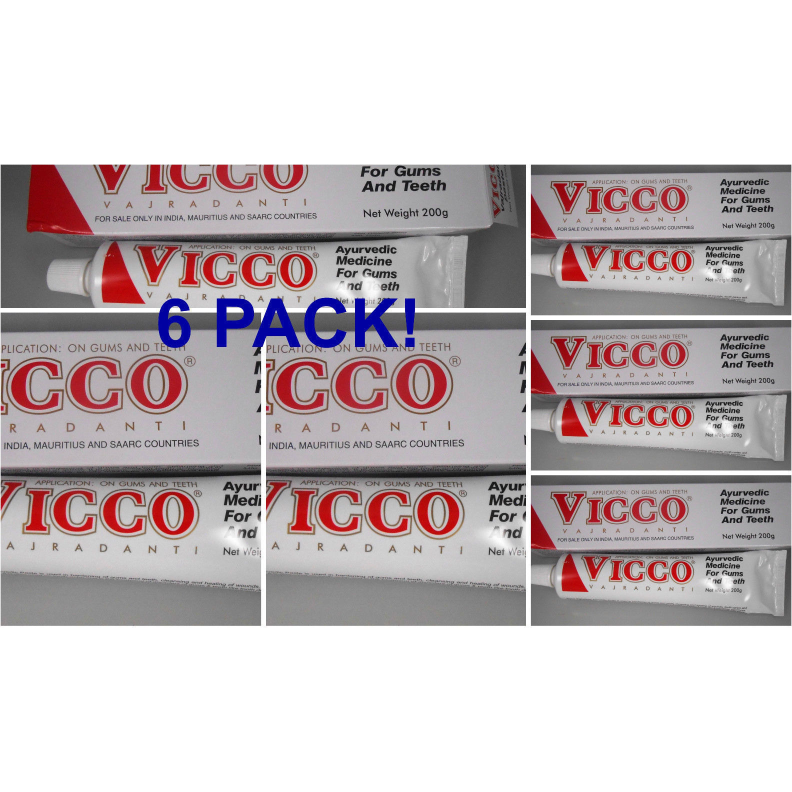 (6 Tubes) Vicco Ayurvedic Natural Herbal Toothpaste - 200 Gm Each