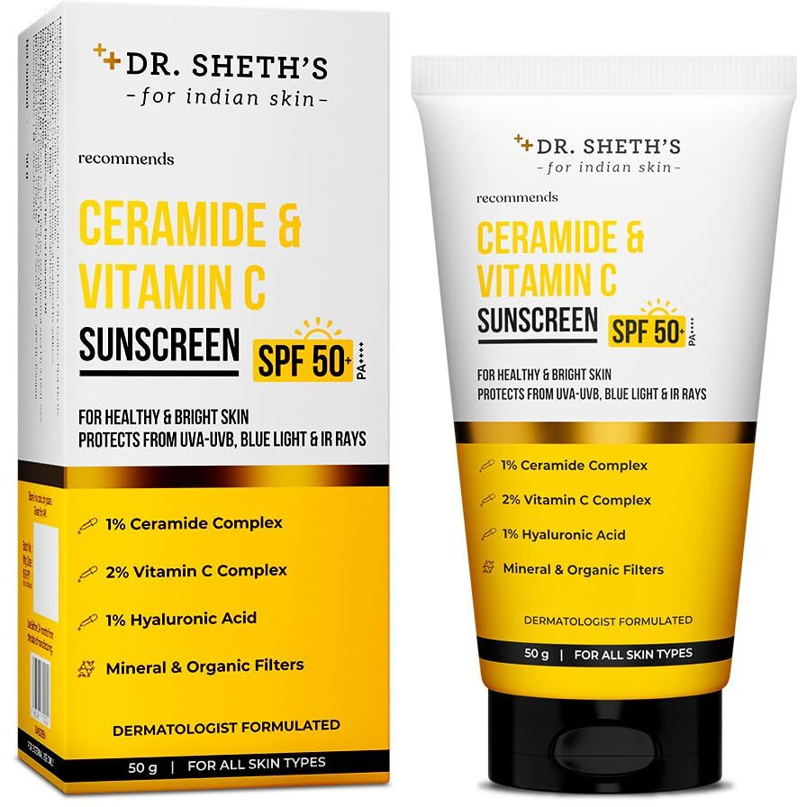 Dr. Sheth's Ceramide & Vitamin C Sunscreen SPF 50+ PA+++ | One Step Routine for Summer | Non-Greasy, Quick-Absorbing | Zero White Cast | For Women & Men | UVA UVB Sun Protection | 50 grams