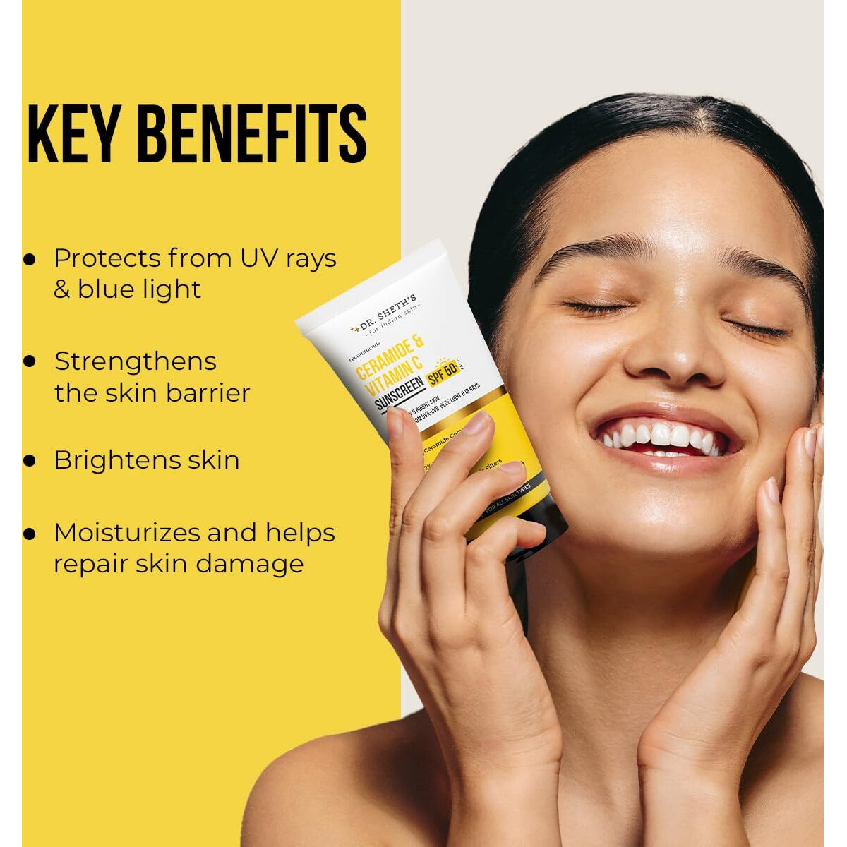 Dr. Sheth's Ceramide & Vitamin C Sunscreen SPF 50+ PA+++ | One Step Routine for Summer | Non-Greasy, Quick-Absorbing | Zero White Cast | For Women & Men | UVA UVB Sun Protection | 50 grams