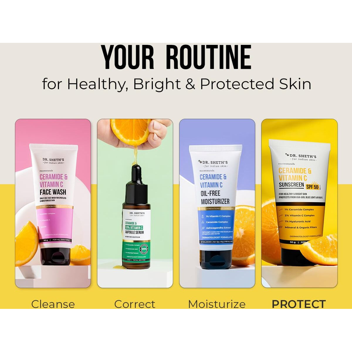 Dr. Sheth's Ceramide & Vitamin C Sunscreen SPF 50+ PA+++ | One Step Routine for Summer | Non-Greasy, Quick-Absorbing | Zero White Cast | For Women & Men | UVA UVB Sun Protection | 50 grams