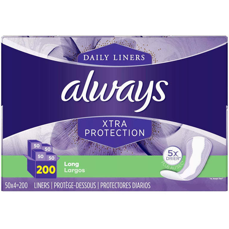 Always Anti-Bunch Xtra Protection Daily Liners, Long, Unscented (200 Count)