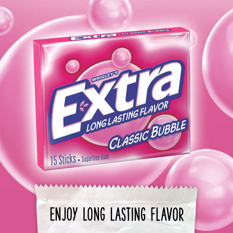 Extra Classic Bubble Sugar Free Chewing Gum, 15 Pieces- Pack Pack of 10