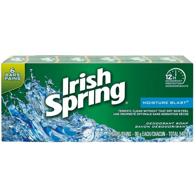 Irish Spring Deodorant Soap Bar, Moisture Blast - 90g each (6 bars)